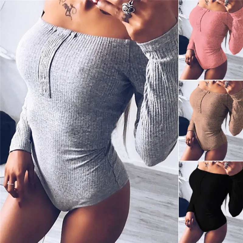 Women Long Sleeve Bodysuit Fashion Stretch Womens Bodysuit With Button Solid Slim Casual Ladies Rompers Autumn Clothing
