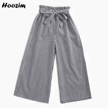 

High Street Striped Vertical Wide Leg Pants Girls 3-9 Years European Minimalist Patch Belt Elastic Waist Trousers Children 2020