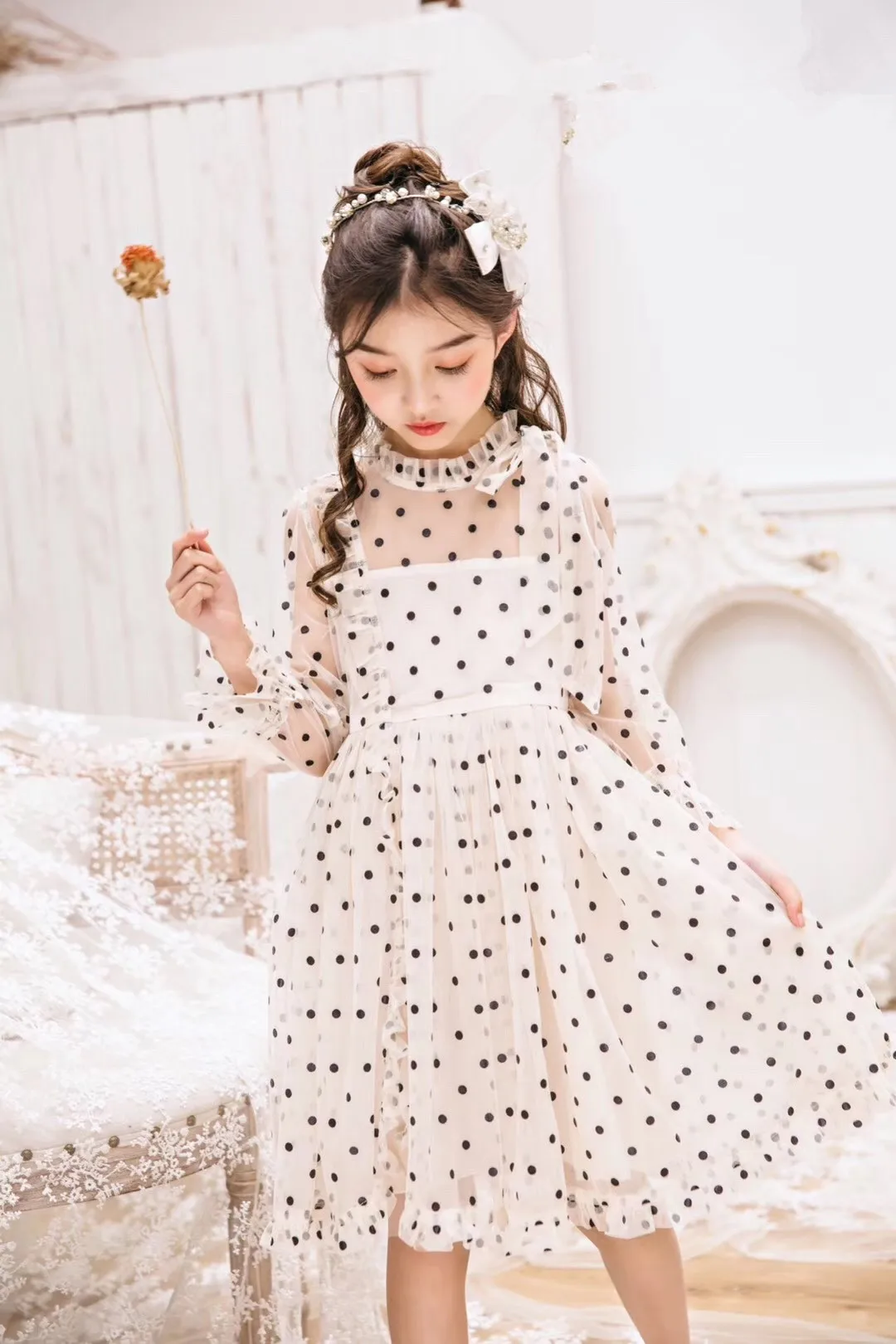 Платье из тюля для девочек; винтажные платья принцессы в горошек с длинными рукавами и оборками для дня рождения; Одежда для девочек; бутики; детское платье