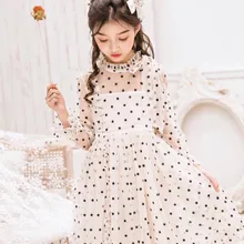 Платье из тюля для девочек; винтажные платья принцессы в горошек с длинными рукавами и оборками для дня рождения; Одежда для девочек; бутики; детское платье