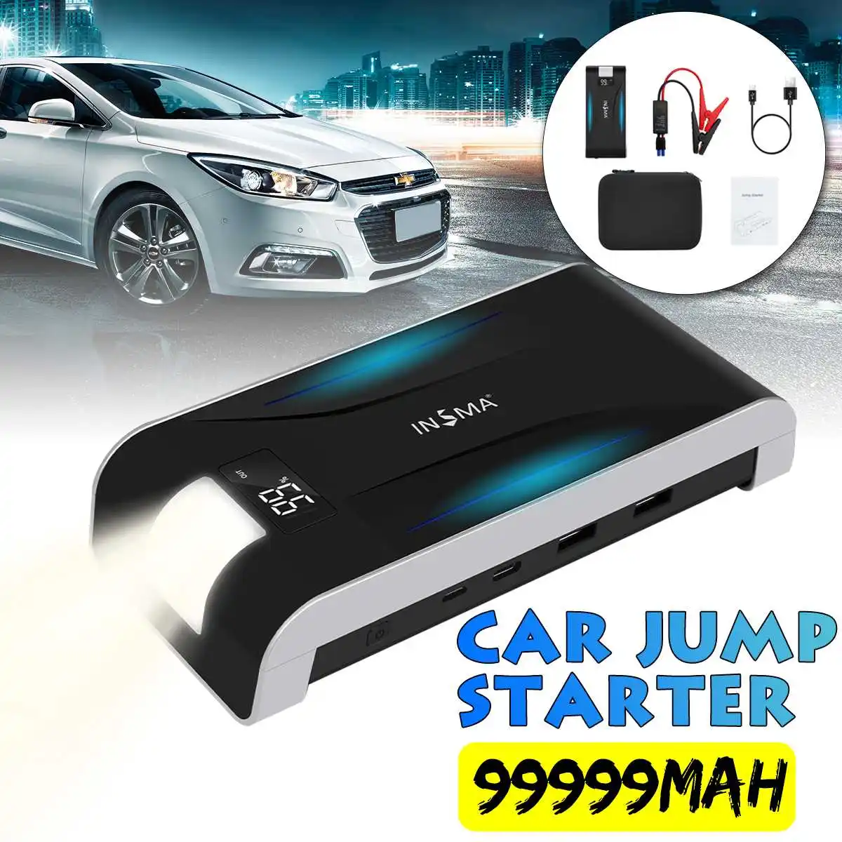 INSMA 99999 мАч 4 порта автомобильный стартер аккумулятор перемычка 12 В 3 0 быстрое
