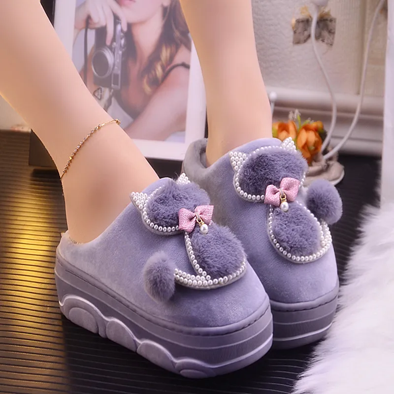 

Winter New Cat Indoor Home Anti-skid Hair Ball Home Plush Warm Month Shoes Cartoon Cathigh-heeled Thick-soled Cotton Slippers
