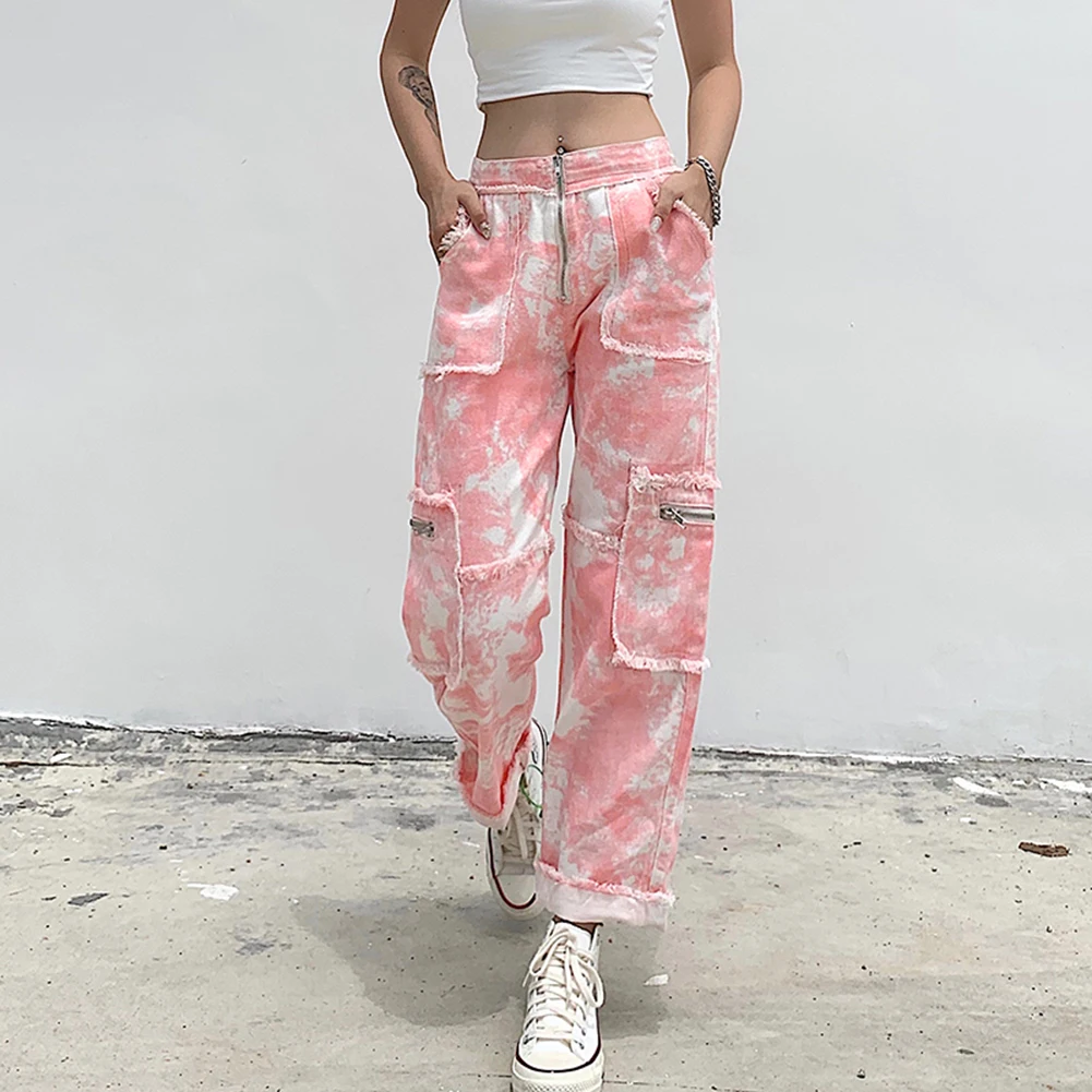 

Y2K Fashion Tie Dye High Waist Zipper Front Straight Jeans Hip Hop Distressed with Pockets Denim Pants 90s Streetwear