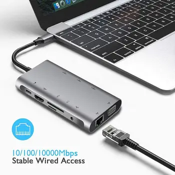 

USB Type C To HDMI 4K VGA Adapter RJ45 Lan Ethernet SD TF USB-C TypeC Hub USB 3.0 3.5mm Jack Audio Video Converter for MacBook