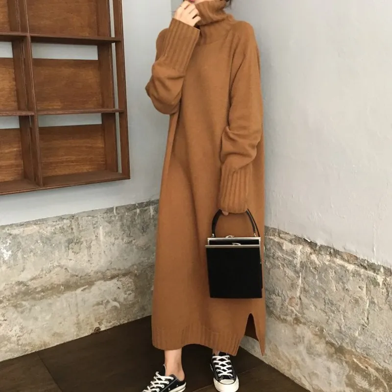 

Autumn Winter Women Turtleneck Casual Dress Solid Split Plus Size Dress Long Long Sleeve Loose Sweater Dress