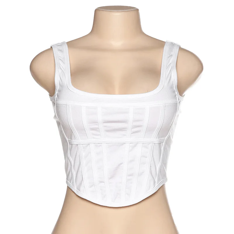Waliicorners Sleeveless Push Up U Neck Vest Sold White Slim Fit Tank Tops Vintage Irregular Crop Tops 20