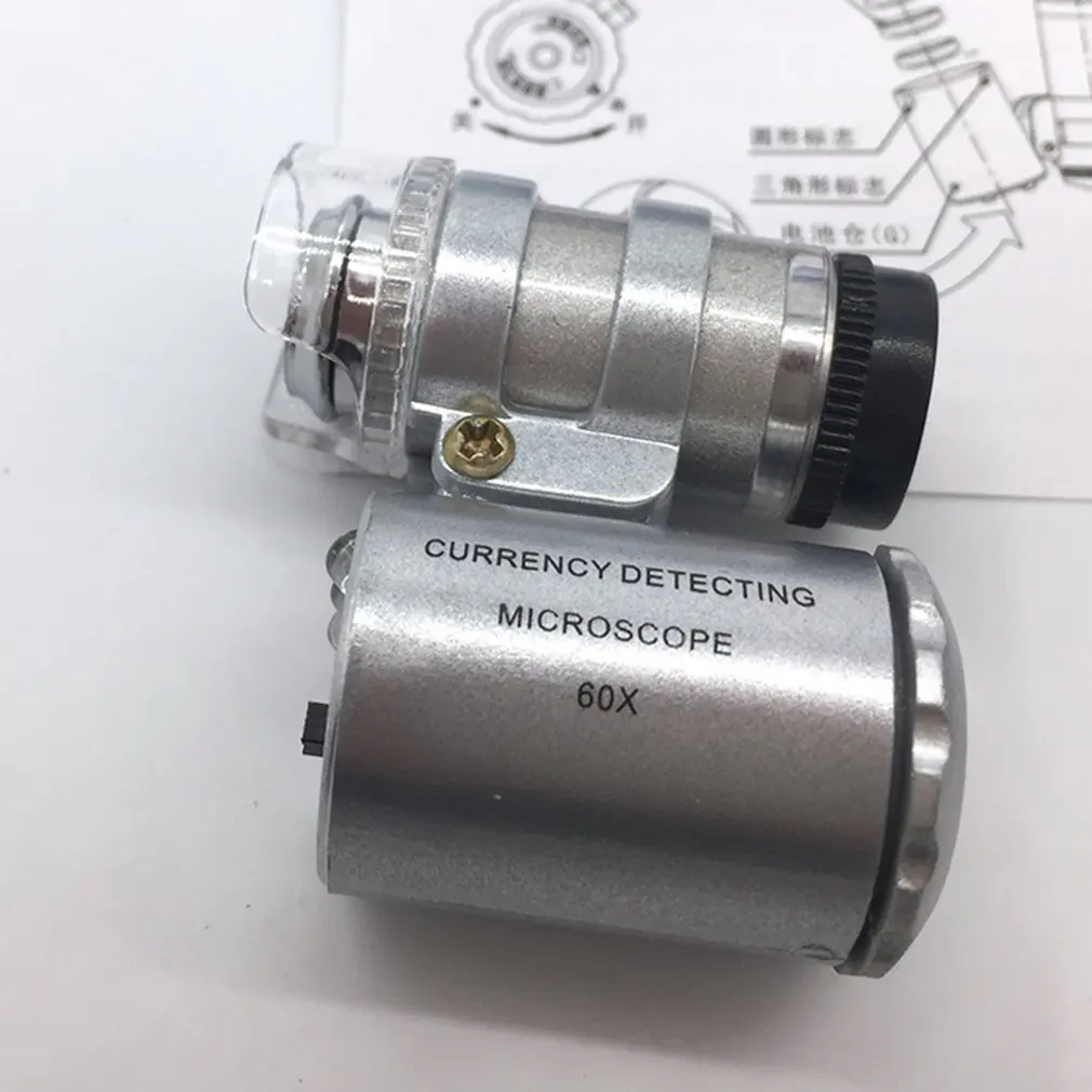 Портативный микроскоп 60x карманный мини-микроскоп Лупа Ювелирная Лупа стеклянная линза светодиодный светильник детектор денег лампа тестер Прямая поставка