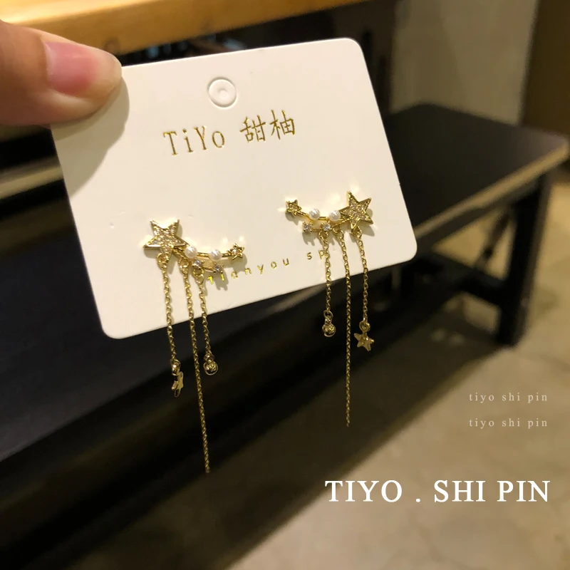 

S925 needle Trendy Jewelry Star Drop Earrings Pretty Design Simulated Pearl Clear Crystal Round Dead Dangle Earrings For Gilr