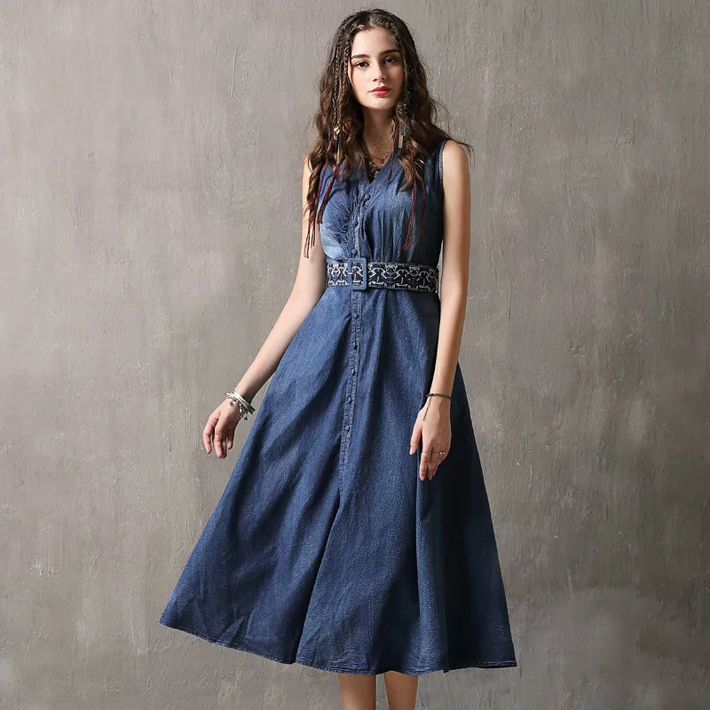 

#0496 Vintage Blue Denim Dress In Women Tunic Sleeveless Clothing Ladies With Belt Retro V-neck A-line Long Jean Dresses Female