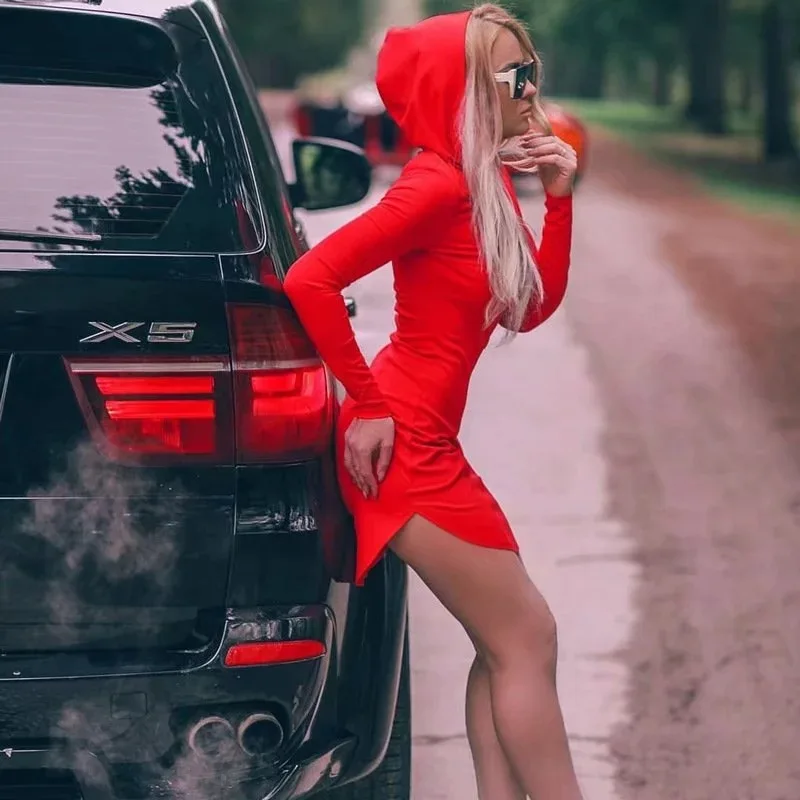 

Women Morning Slim Sexy Hooded Dress Female Spring Autumn Winter Long Sleeve Sexy Wine Red Dress robe femme