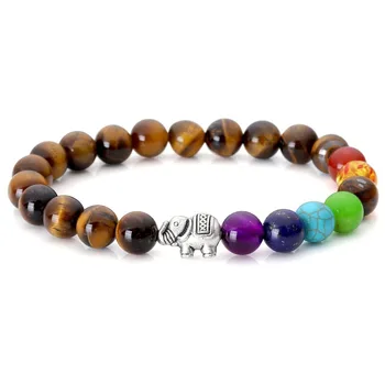 

New Design Natural Tiger Eye Stone Bracelet or Bangle Natural Seven Color Chakra Energy Yoga Purple Onyx Elephant Charm Bracelet