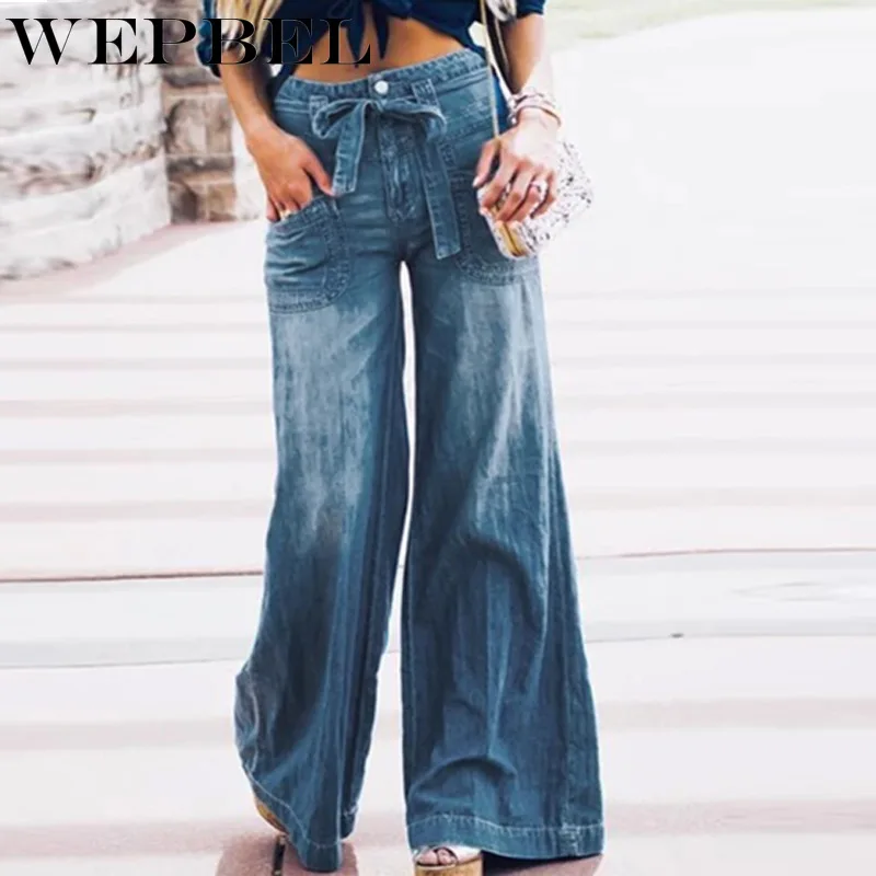 

WEPBEL Jeans Spring Autumn Casual Plain Lace-up Loose Bleached Jeans Women's Mid-Waist Washed Vintage Denim Wide-Leg Pants