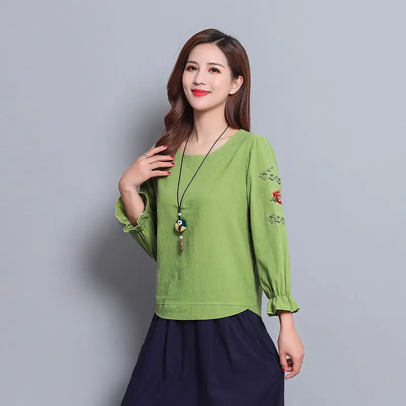 Green Long sleeve Блузка размера плюс женская с коротким рукавом с пышными рукавами Топ Женская хлопковая льняная рубашка свободная повседневная с вышивкой и круглым вырезом - Цвет: Green Long sleeve
