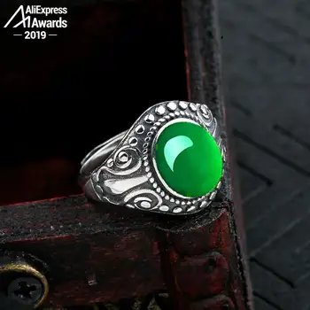

10*8mm 6.18 Sale S925 Sterling Silver Asia Emerald Rings Jade moldevite Chinatown oriental Retro Chalcedony Jade