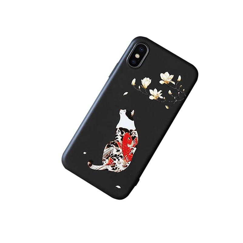 Ukiyo-E Стильный чехол для iPhone X XR XS MAX Cat Koi 3D выступающий рельеф матовый мягкий чехол для задней панели устойчивый к царапинам и царапинам - Цвет: cat flower XR