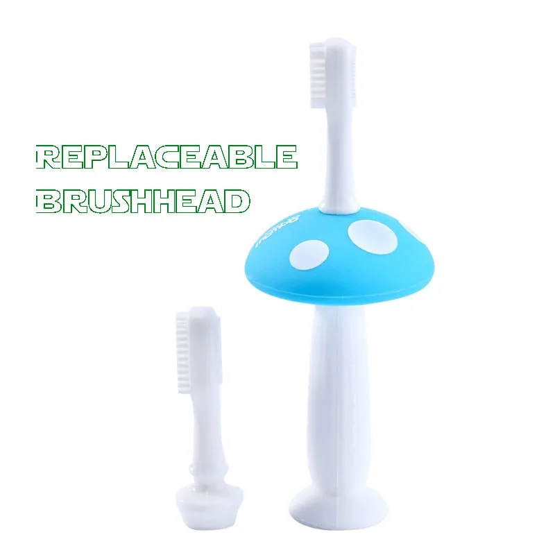 Силиконовая зубная щетка для детских зубов Mashroom Shield без необходимости для зубной пасты мягкая щетина 1 держатель+ 2 головки щетки