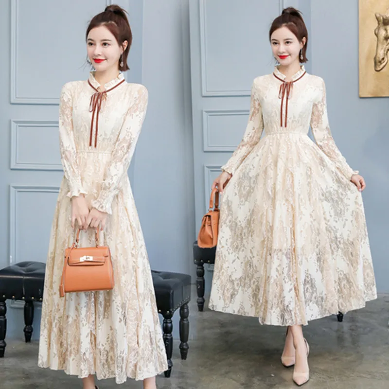 

2019 Autumn New Women Long sleeves Bow Lotus Leaf Collar Fashion Lace Long Dress Women Pleated Slimming Leisure Party Dress