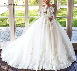 Роскошные 3D Цветочные кружевные свадебные платья с длинными рукавами с вырезом лодочкой пушистые Бальные платья для невесты на шнуровке