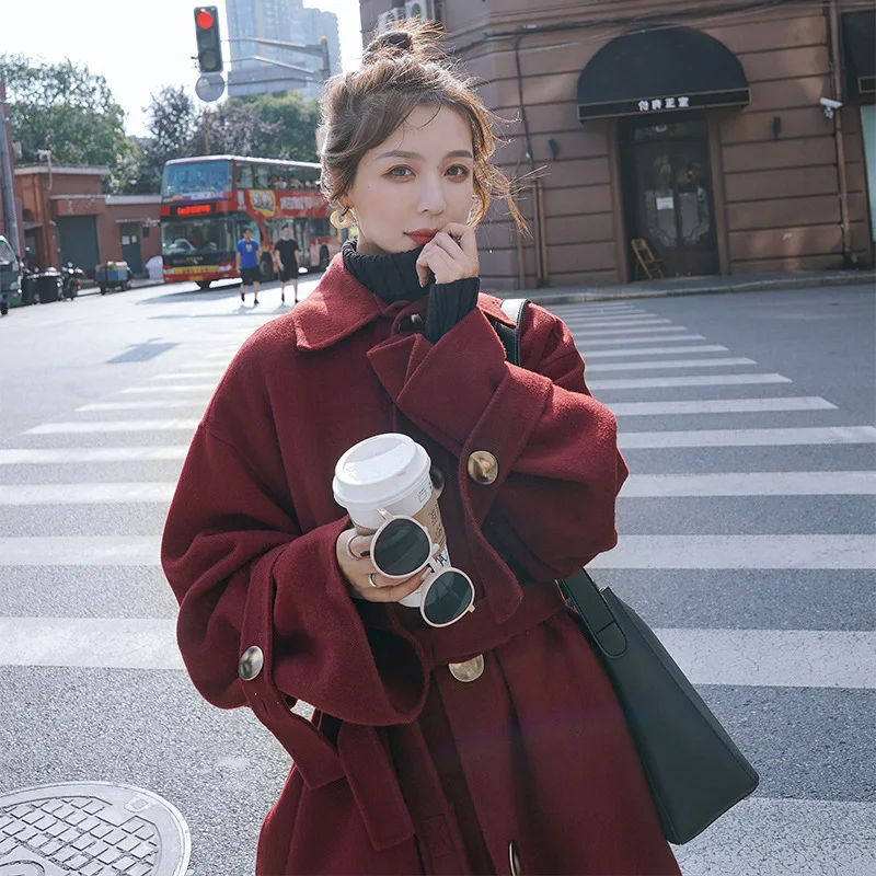 

Wine Trench Coat Women's Mid-length 2019 Early Autumn New Style Loose-Fit Popular over-the-Knee waitmore Coat Fashion