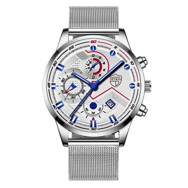 часы мужские Luxury Mens Quartz Stainless Steel Mesh Belt Casual Watches Men Leather Business Date Luminous Watch reloj hombre Mesh Silver Blue