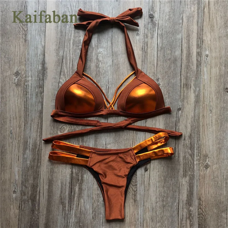 

Women Strappy Hollow Bikini Set Patchwork Swimsuit Swimwear Hot Stamping Halter Push Up Swim Suit Biquini Plavky Maillot Tankini