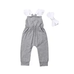 Одежда для новорожденных девочек Комбинезон с оборками на рукавах с карманом + повязка на голову, летняя повседневная одежда из 2 предметов