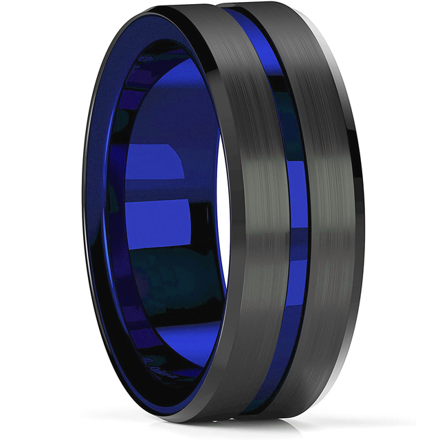 8MM Men's Gold Groove Beveled Edge Stainless Steel Ring Meteorites Inlaid Red carbon fibre Ring Men Wedding Band