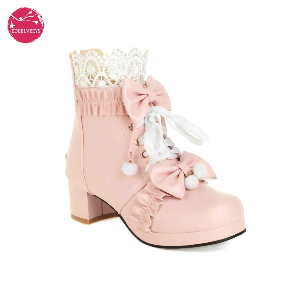 Women Fashion Block High Heels Platform Sweet Bownot Buckle Decoration Ankle Boots Lace Up Short Booties Cosplay Lolita Princess Shoes 