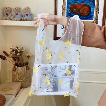 

Summer Designer Girl Student Handbag Tote for Shopping Boutique Transparent Embroidery Flower Lace Mesh LargeShoulder Bags