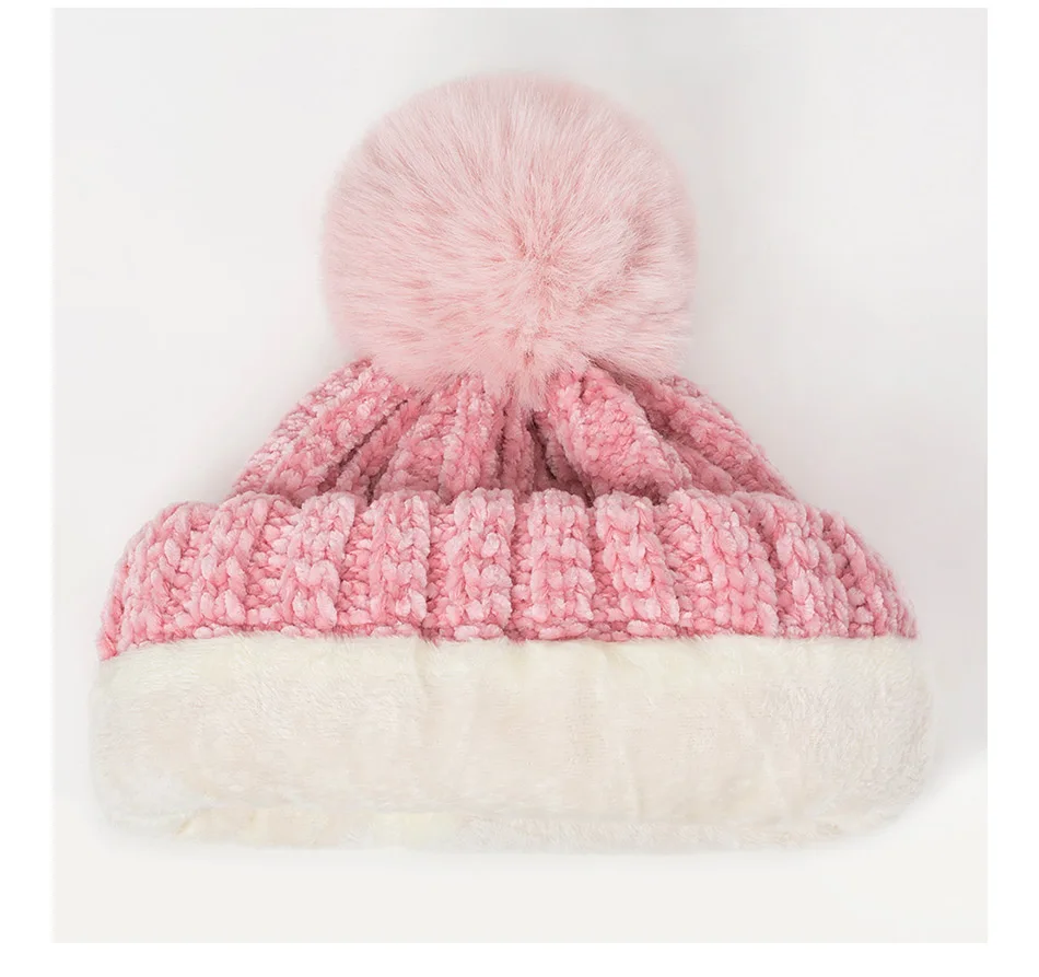 MLTBB Новая зимняя женская шапка, шенилловая Вязаная Мягкая Толстая Зимняя Теплая Шапка-бини для девочек, одноцветная шапка с плюшевой подкладкой и помпоном