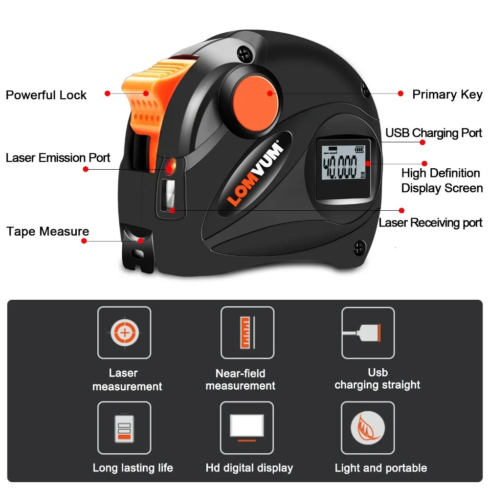 LOMVUM перезаряжаемая USB зарядная лента 5 м ЖК-цифровой дисплей лазерный дальномер 5 м цифровая лента