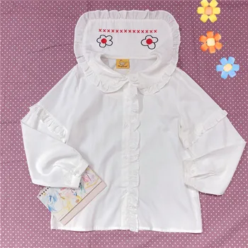

College Style Cute Little Flower Embroidery Blouse Small Fresh Mori Girl Big Lapel Ruffles White Shirt Solid Color Women Tops