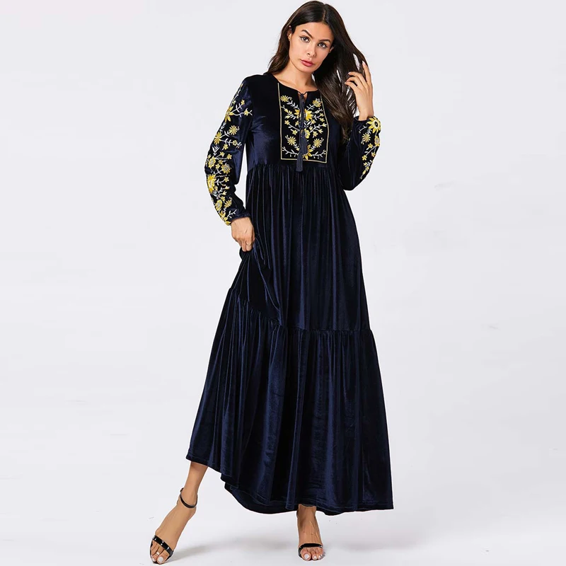 Dark blue dress Бархатное турецкое мусульманское платье abaya в Дубае, платье хиджаб исламский, одежда для женщин, марокканский кафтан, халат, Тюрка - Цвет: Dark blue dress