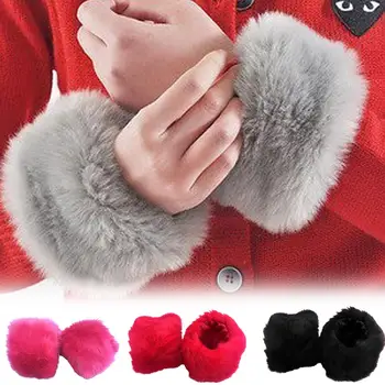 

One Pair Faux Fur Plush Windproof Cuffs Wristband Winter Arm Warmer Women Thick Wrist Arms Gloves Female Elastic Oversleeve