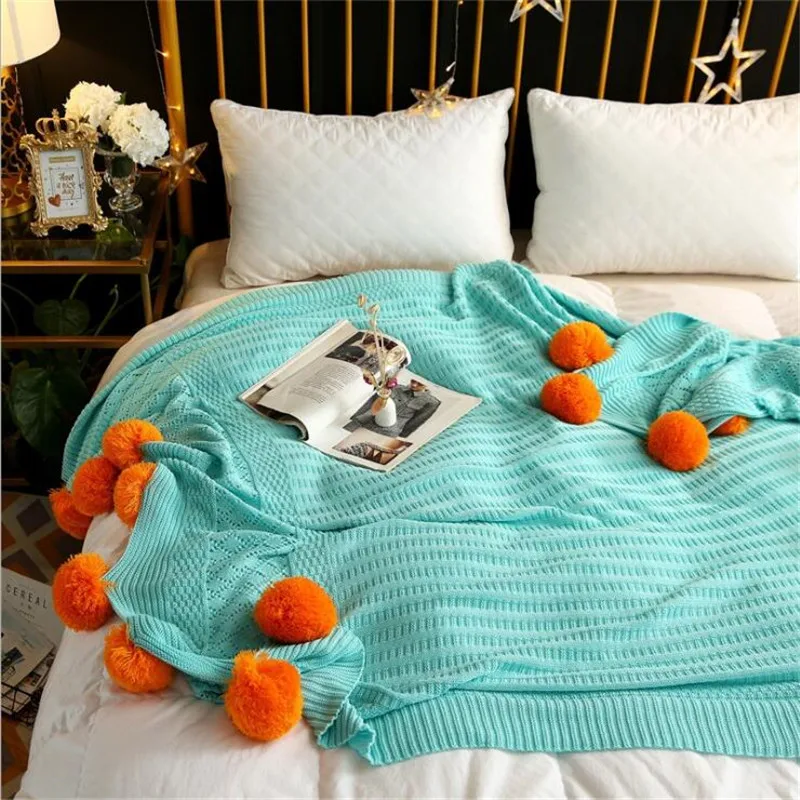 

Cotton Couch Cover Cozy Sofa Knitted blanket Cable Knit Throw Blanket Super Soft Warm With Multi Color Pompons