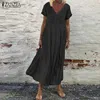 Женское длинное платье ZANZEA с V-образным вырезом и коротким рукавом, летнее винтажное вечернее платье, Женский Однотонный сарафан, Повседнев... ► Фото 1/6