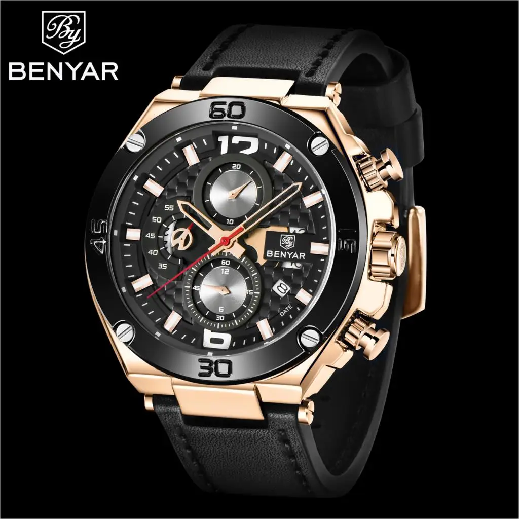 

BENYAR 2020 Top Luxury Brand Watch Men Analog Chronograph Quartz Wrist Watch leather Band Wristwatch Auto Date Relogio Masculino