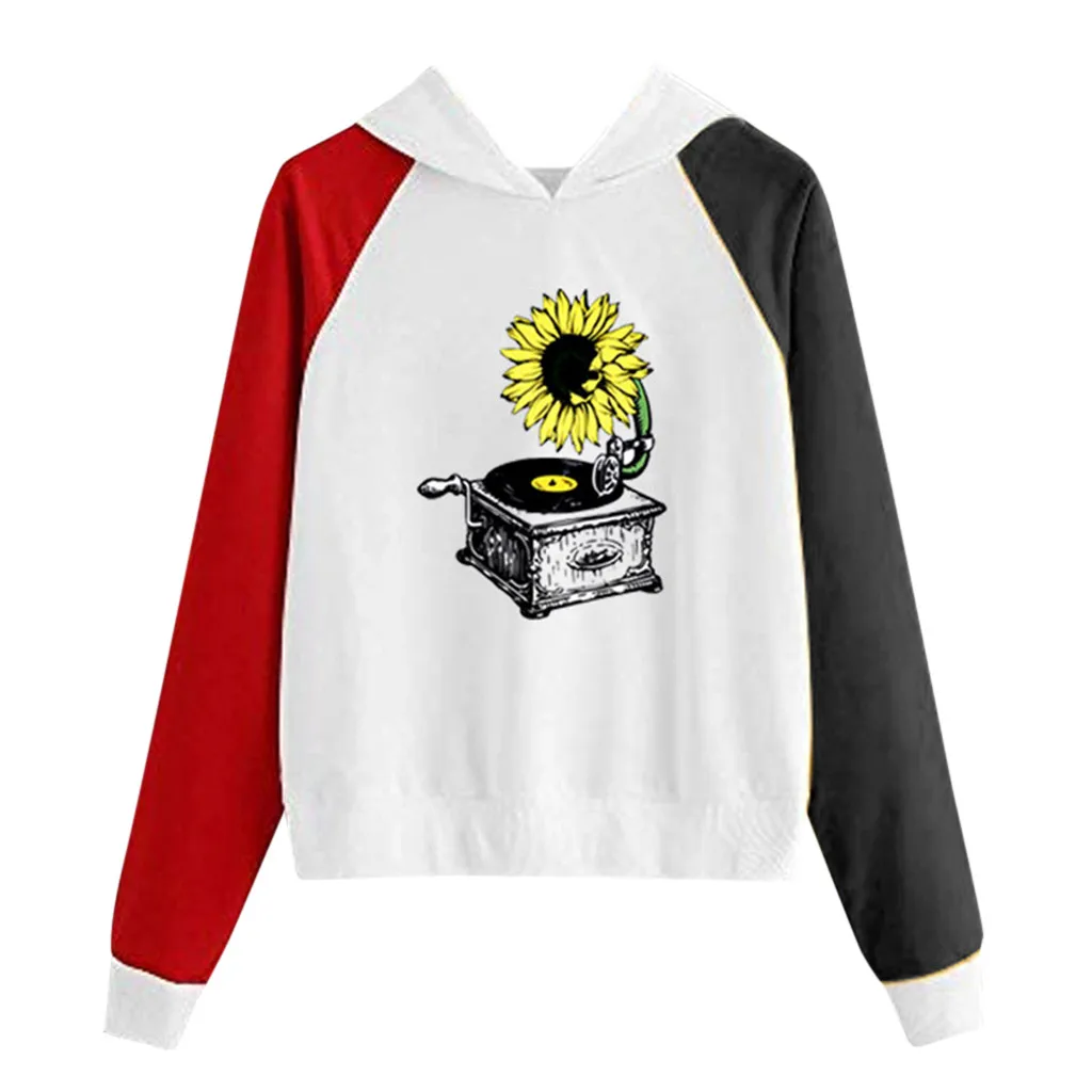 

Retro Music Player Women's Sweatshirt Sunflower Print Shirt Contrasting colors Long Sleeve Blouse O Neck Tops Moleton Feminino