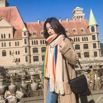 

190x40cm Women Girls Pashmina Rainbow Vertical Striped Patchwork Oversized Scarf Shawl with Tassels Winter Warm Blanket Wraps