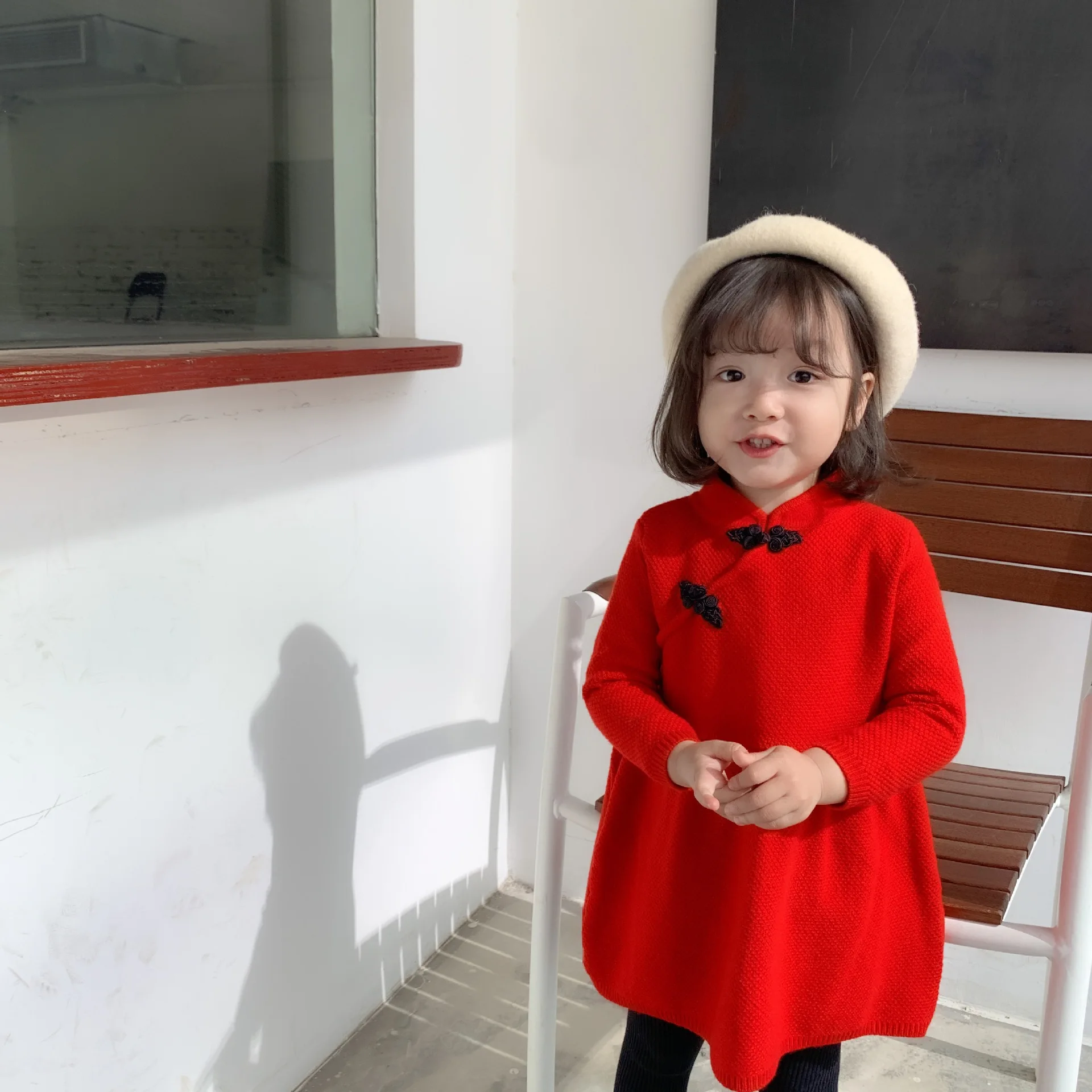 Новогодняя одежда для детей ясельного возраста, вязаные платья Чонсам для маленьких девочек, детское платье принцессы в китайском стиле - Цвет: Красный