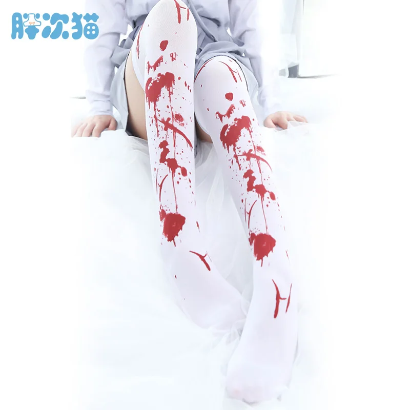 

New Anime Bloodstain Print Kawaii Stockings Lolita Young Girl Velvet Long Stocking Overknee Student White Mori Girl Cosplay
