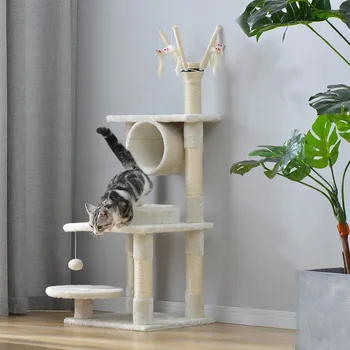 

Milky White Full Flannel Multi-layer Cat Safe Stable Cat Furniture Cat Tube Resting Platform Scratching Column 4hanging poles
