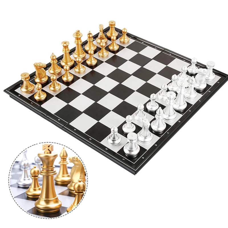 Magnetic Travel Chess Set Table Game Magnet Board Beautiful Silver Gold Pieces 