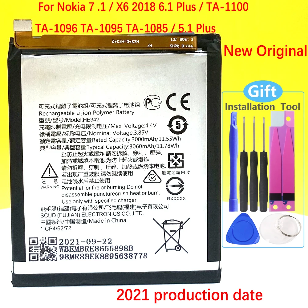 100% Оригинальный аккумулятор HE342 3000 мАч для Nokia X6 2018 6 1 Plus TA-1099 новый