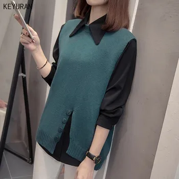 

Plus Size Women's Shirt & Sweater Suits Fashion Female Sweet Loose Casual Blouse + Knitted Tank Vests For Women Two Piece Sets