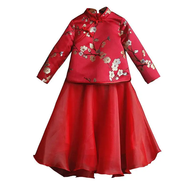 Kids Girls Clothing Sets Princess Girl Hanfu Red Top+ Skirt 2pcs Suits Chinese Traditional Children Clothes J405