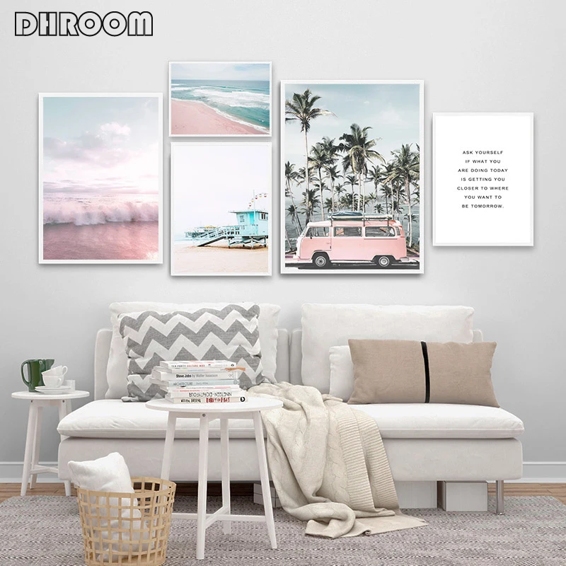 

Ocean Landscape Canvas Poster Nordic Style Beach Pink Bus Wall Art Print Painting Decoration Picture Scandinavian Home Decor