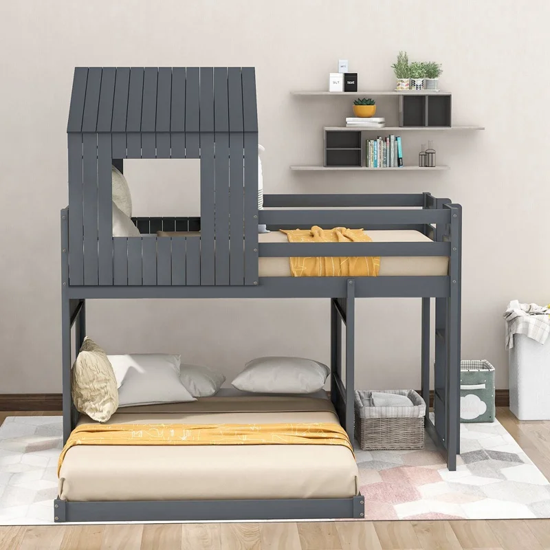 Wooden Twin Over Full Bunk Bed, Loft Bed with Playhouse, Farmhouse