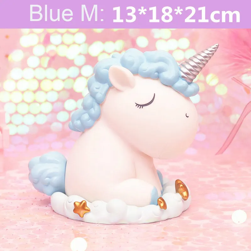 Blue M 13x18x21cm Creative Design Wedding Gift Resin Unicorn Piggy Bank Money Saving Box Gift For Kids tirelire licorne копилка единорог spardose - Цвет: Blue M 13x18x21cm