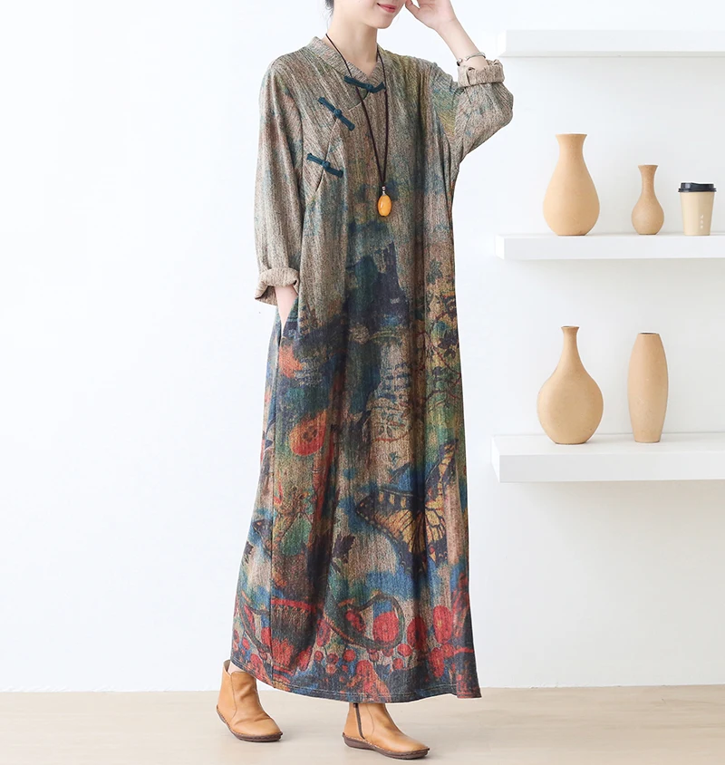 New Autumn Maxi Dresses for Women Vintage Loose Long Sleeve Dress Women Knitting RetroRabbit Hair Printed Robe Winter Vestidos